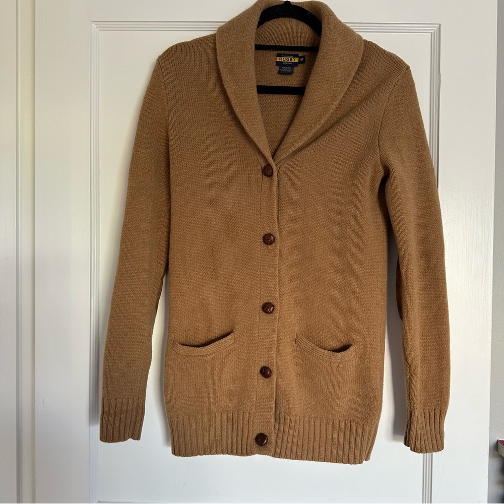 Ralph Lauren Rugby 100% Wool Tan Camel Sweater Suede Elbow Pads Size M Grandpa
